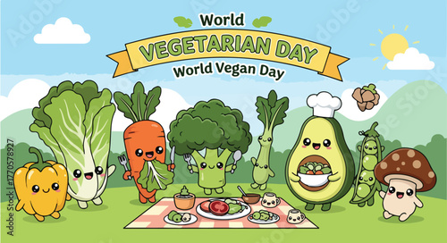 Cute vegetables celebrate world vegetarian and vegan day together