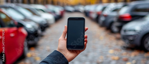 Man holding a smartphone in a car park with cars - search for a car or parking space. Useful for illustrations of carsharing services, parking search apps, urban infrastructure.