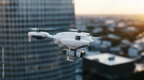 Aerial Vehicle Showcasing Modern Drone and Quadcopter Technology Over Cityscape During Sunset, Highlighting Urban Buildings, Transportation Innovation, and Aerial Photography Vibrant Metropolitan
