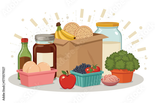 Vector illustration of collection of food items like fruits, vegetables, eggs, and bread, suggesting a healthy diet