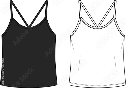 Women's camisole top technical fashion sketch, crisscross strap tank flat drawing, garment construction vector, cad drawing flat vector illustration