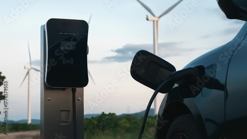 [Electric vehicle charging station with car plugged in amid wind turbines and clear sky, showcasing renewable energy and sustainable transportation for eco friendly green energy solutions]
