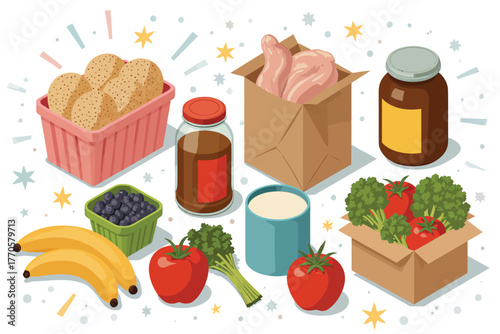 Vector illustration of collection of fresh food items like fruits, vegetables, meat, and pantry goods