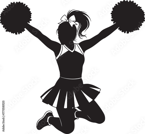 Cheerleader jumping with pom poms silhouette isolated on transparent background