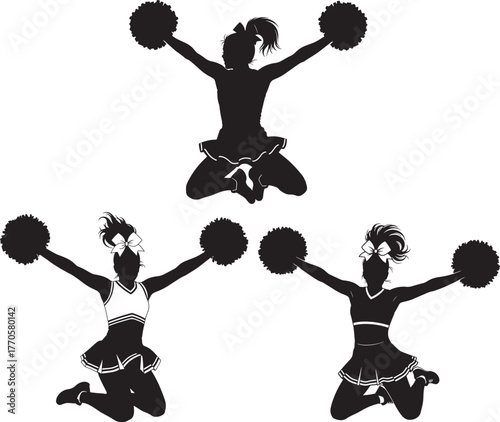 Three cheerleaders jumping with pom poms silhouette isolated on transparent background