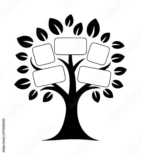 Black and White Family Tree with Empty Frames and Leaves