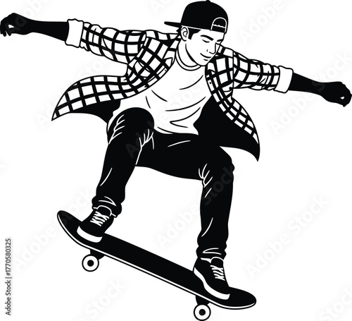 Skateboarding Trick Vector – Black-and-White Silhouette of Youth Performing Aerial Stunt