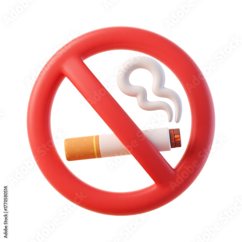 A 3D rendered no smoking symbol with a cigarette and smoke isolated on a transparent background representing health awareness and prohibition