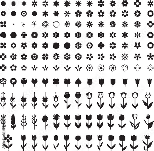 Extensive collection of 100 black silhouette icons showcasing diverse flowers, buds, leaves, and floral arrangements on a white background Keywords: flower, icon, floral, plant, bloom, petal, bud