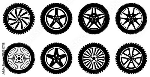 Collection of Black and White Car Wheels and Tires Icons