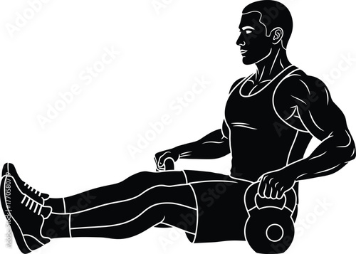 Seated Kettlebell Exercise Vector – Black-and-White Silhouette of Muscular Athlete in Strength Training Pose