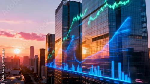 Modern City Skyline with Financial Growth Chart and Rising Arrow at Sunset