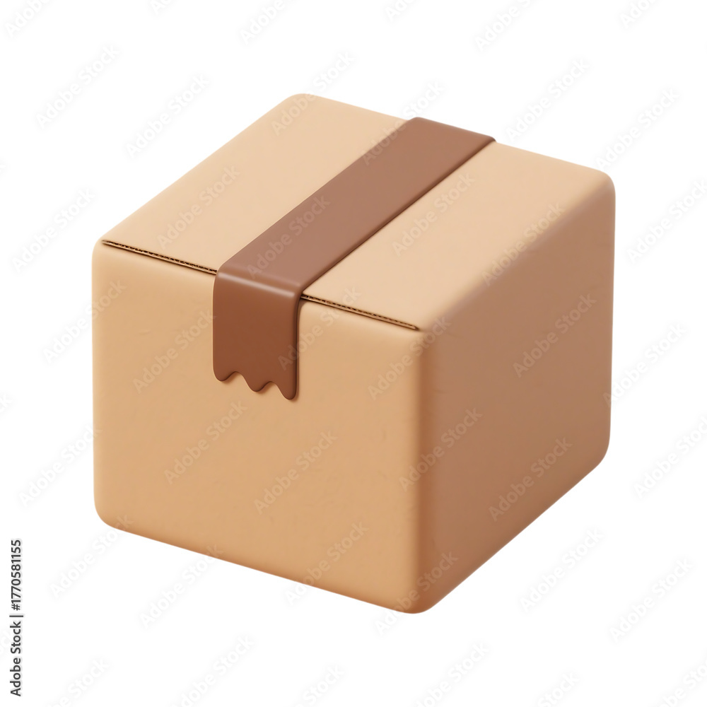 Fototapeta premium A simple brown cardboard shipping box sealed with tape isolated on a transparent background presented in a clean 3d rendering