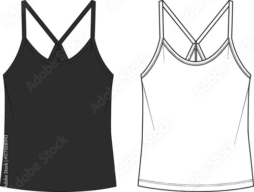 Women's tank top technical fashion sketch, racerback strap detail, scoop neckline garment drawing, vector apparel template, cad drawing flat vector illustration
