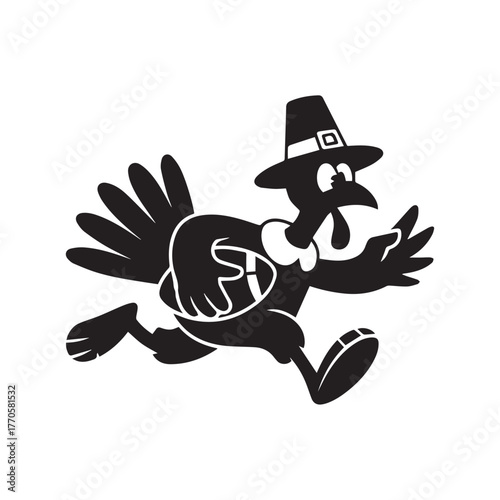 PrCartoon Turkey Running with Football in Pilgrim Hat Silhouetteint