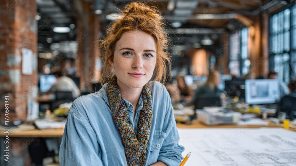 Naklejka premium Confident Young Woman in Modern Office Environment Smiling at the Camera with Positive Attitude