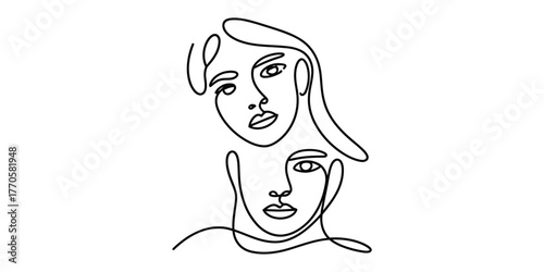 Abstract continuous line drawing of two intertwined faces expressing emotion vector