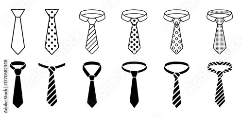Collection of Various Tie Styles and Patterns, Black and White Icons