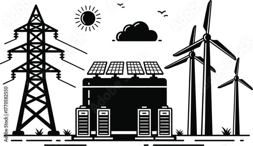Sustainable energy sources including solar panels, wind turbines, and batteries powering the grid