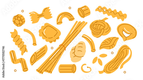 Pasta vector set. Collection of spaghetti, tagliatelle, penne, fusilli, ravioli, macaroni and other various Italian noodles types. Doodle flat illustration.