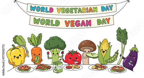 World vegetarian day and world vegan day celebration with happy vegetables
