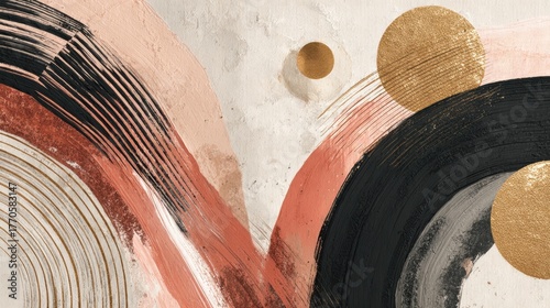 brushstrokes in color palette of matte black, soft beige, warm terracotta, and gold foil accents.