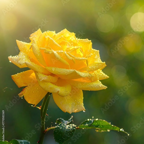 Radiant Yellow Rose in Morning Dew - A Floral Beauty.