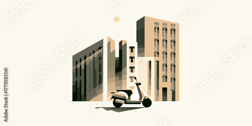 Minimalist illustration of a scooter parked in a modern urban landscape with towering buildings under a stylized sun, depicting serene city life and daily commutes