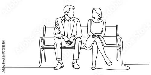 Elegant continuous line drawing of a couple sitting on a bench vector
