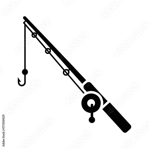 Monochromatic Fishing Rod Icon with Reel and Hook on White Background