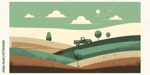 Tranquil Countryside Landscape with Vintage Truck Illustration