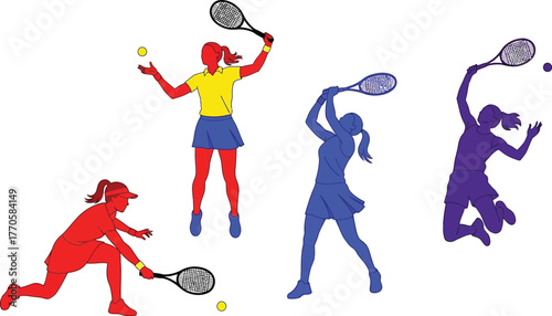 Dynamic female tennis players in colorful silhouettes engaged in active play