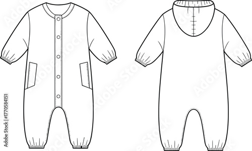 Baby romper vector, toddler jumpsuit flat sketch, fashion technical drawing, kids apparel template, clothing mockup, line art, vector clipart, outline illustration