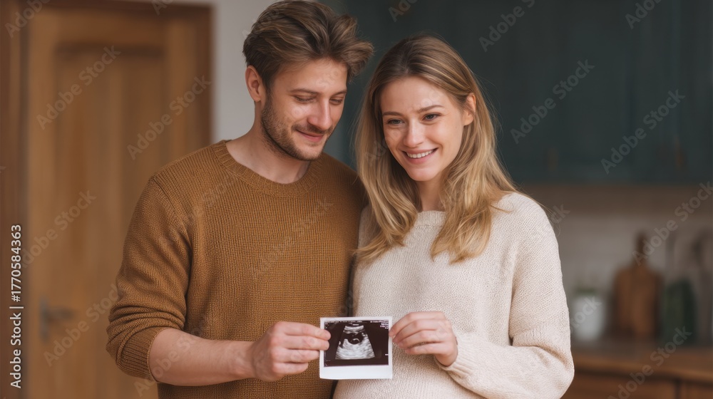 Fototapeta premium Joyful couple holding ultrasound photo in cozy kitchen, celebrating the journey of parenthood with love and excitement in a warm atmosphere