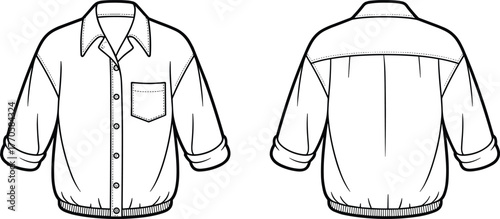 Long sleeve shirt vector illustration, button down design, rolled sleeve style, front and back view, fashion apparel sketch, garment template, line art