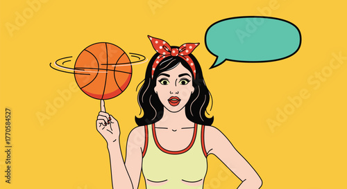 Surprised woman with retro hairstyle spinning basketball on finger, comic style