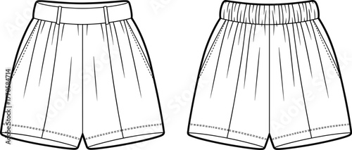 Men shorts vector illustration, pleated waistband design, elastic waist shorts, tailored clothing mockup, fashion apparel sketch, garment template, line art clipart