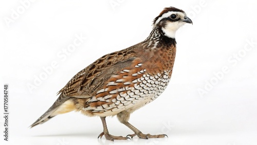 Realistic Northern Bobwhite isolated on white studio background, detailed brown and white plumage, sharp focus, professional lighting, wildlife bird portrait