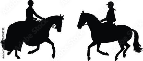 Vector silhouette illustration of two people horseback riding in motion for equestrian concept, sport theme, and rider posture design layout