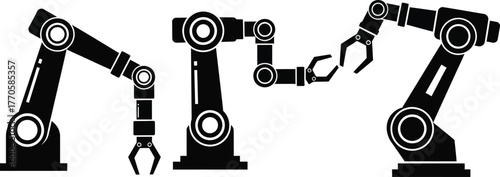 Industrial robotic arms with precise grippers in a clean, modern design