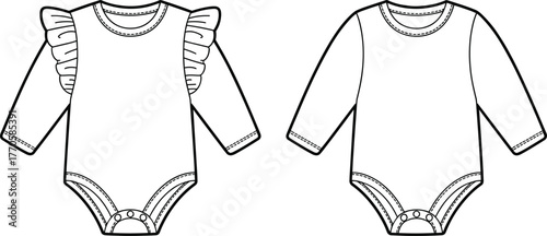 Vector baby onesie sketch, infant bodysuit flat drawing, long sleeve romper template, ruffle detail variation, fashion design illustration, garment outline