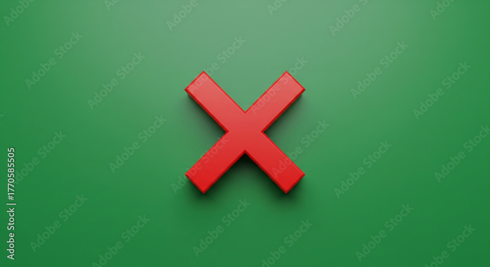 Obraz premium Bold red cross symbol signifies rejection or error on a vibrant green background, perfect for design and alerts.