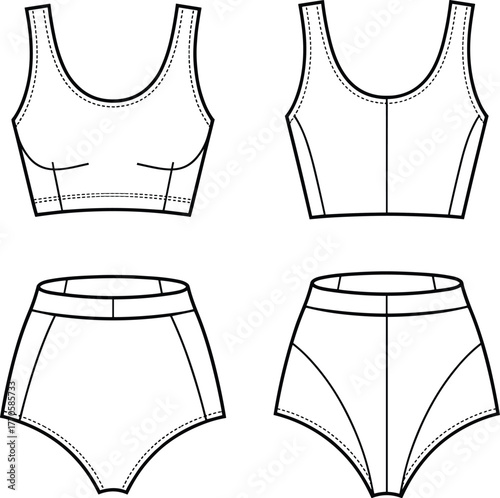 Vector crop top, high waisted underwear, women apparel template, fashion flat sketch, lingerie mockup, line art, technical illustration, clothing design, outfit drawing