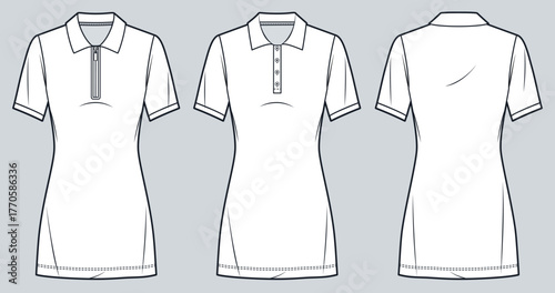 Set of Polo Dress Fashion Flat Sketch. Jersey Dress fashion flat technical drawing template, half zip, button placket, fitted, front and back view, white, women CAD mockup.