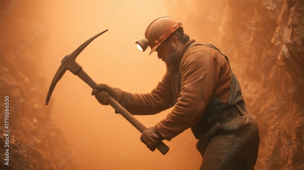 Fototapeta premium Miner in a Dusty Underground Tunnel Working with a Pickaxe and Wearing Protective Gear Under a Headlamp in a Gritty Environment