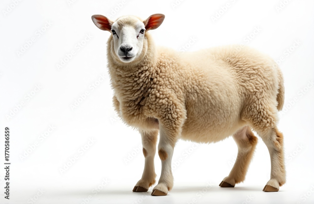 Fototapeta premium Cream colored sheep stands on white background in studio. Woolly mammal isolated on plain backdrop. Animal looks at viewer directly. Portrait of adorable farm animal.