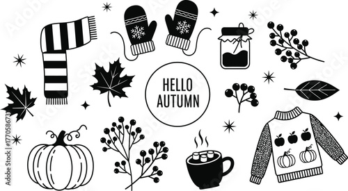 Cozy autumn elements like a scarf, mittens, pumpkin, and hot drink celebrate the fall season.