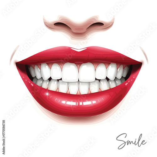 Vector illustration of closeup of a womans smiling mouth with red lipstick and perfect white teeth