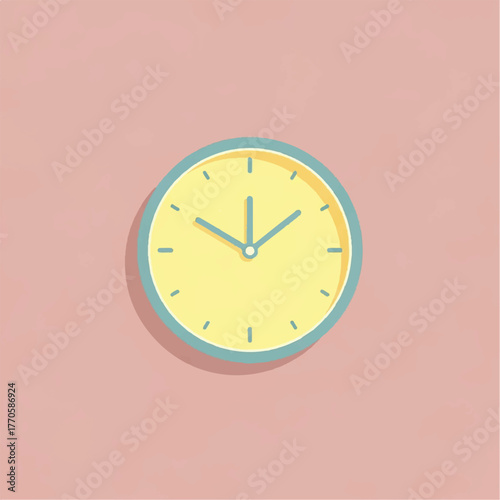 A simple, modern yellow clock with blue accents on a textured pink background, showcasing minimal design and the passage of time