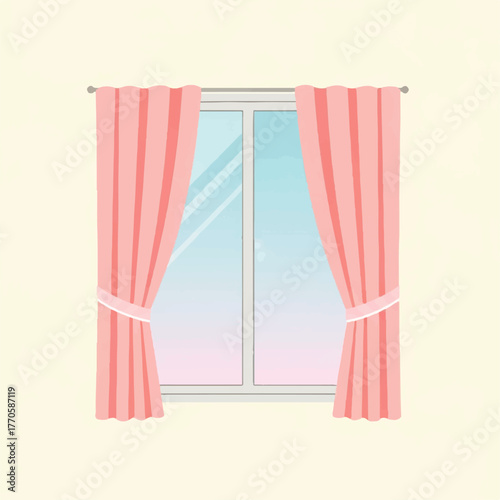 Peaceful vector illustration featuring a window with elegant pink curtains tied back, revealing a soft pastel gradient sky, evoking a cozy and comforting home atmosphere